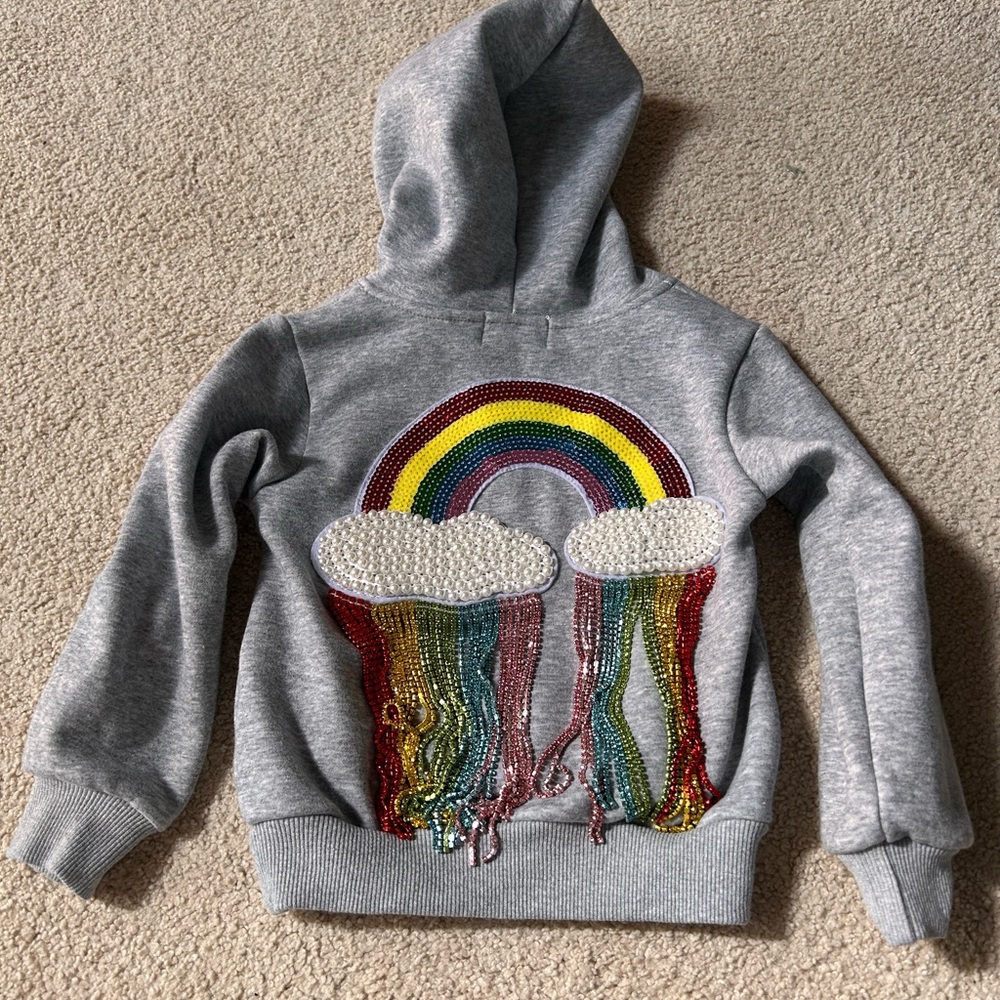 Lola + The Boys Gray Graphic Hoodie with Rainbow Design